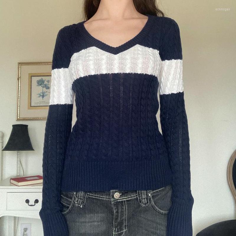 

Women' Sweaters Combhasaki Women Knit Y2K Grunge Long Sleeve V Neck Contrast Color Slim Fit Pullovers Fall Tops For Casual Daily, Blue