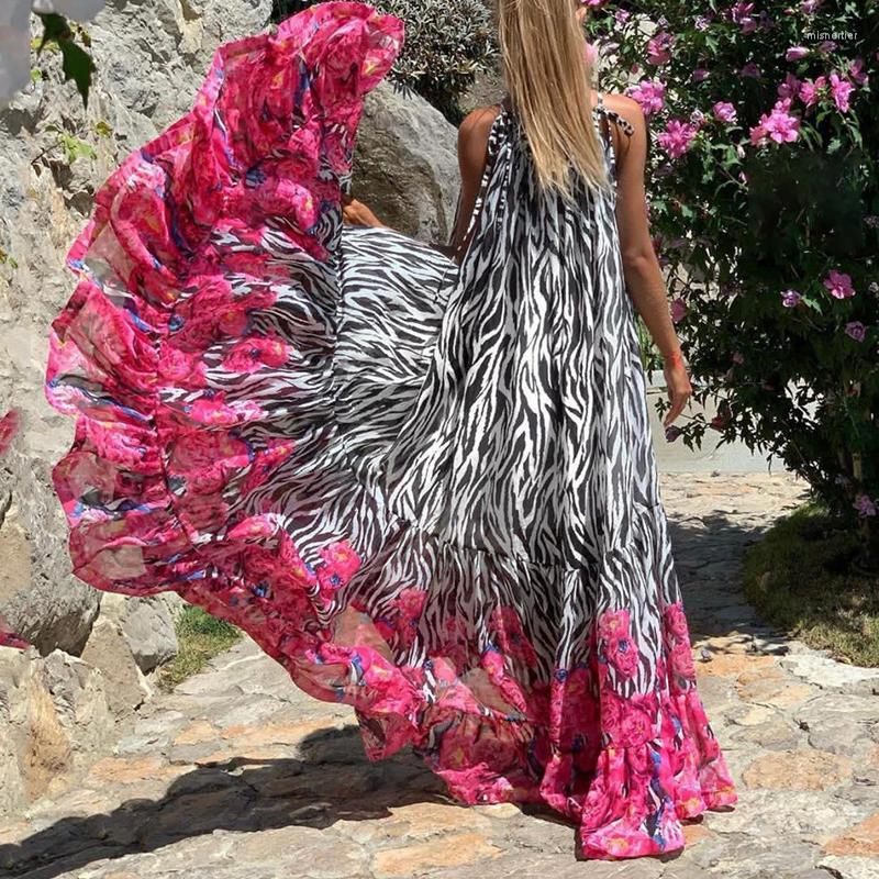 

Casual Dresses Women Elegant Sleeveless Holiday Beach Dress Summer Pattern Print Loose Long O Neck Lace-up Party, 03 pink