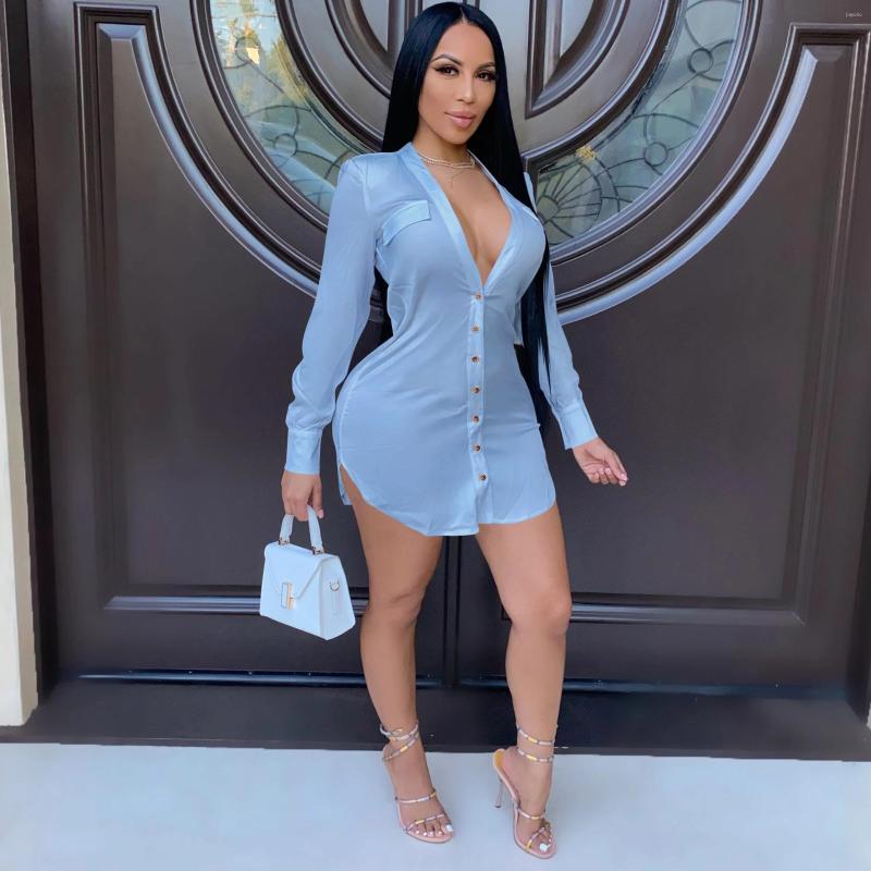 

Casual Dresses Adogirl Long Sleeve Buttom V-Neck Mini Dress Women 2023 Solid Shirt Office Lady Streetwear White Blue Yellow