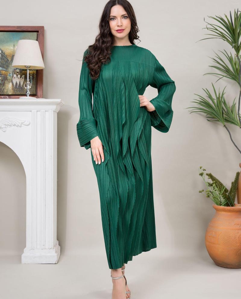 

Casual Dresses Women's Green Pleated Luxury Round Neck Long Soft Bell Sleeve Evening Luxurious Turkish Vestidos Elegantes Para Mujer, Black