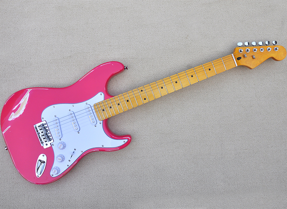 

Pink Relic Electric Guitar with Yellow Maple Fretboard SSS Pickups Customizable