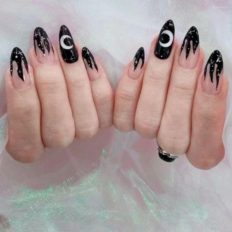 

False Nails 24pcs Fake Short Almond French With Night Sky Star Moon Design Nail Art Tips Press On DIY Manicure, Only 24pcs nail tips
