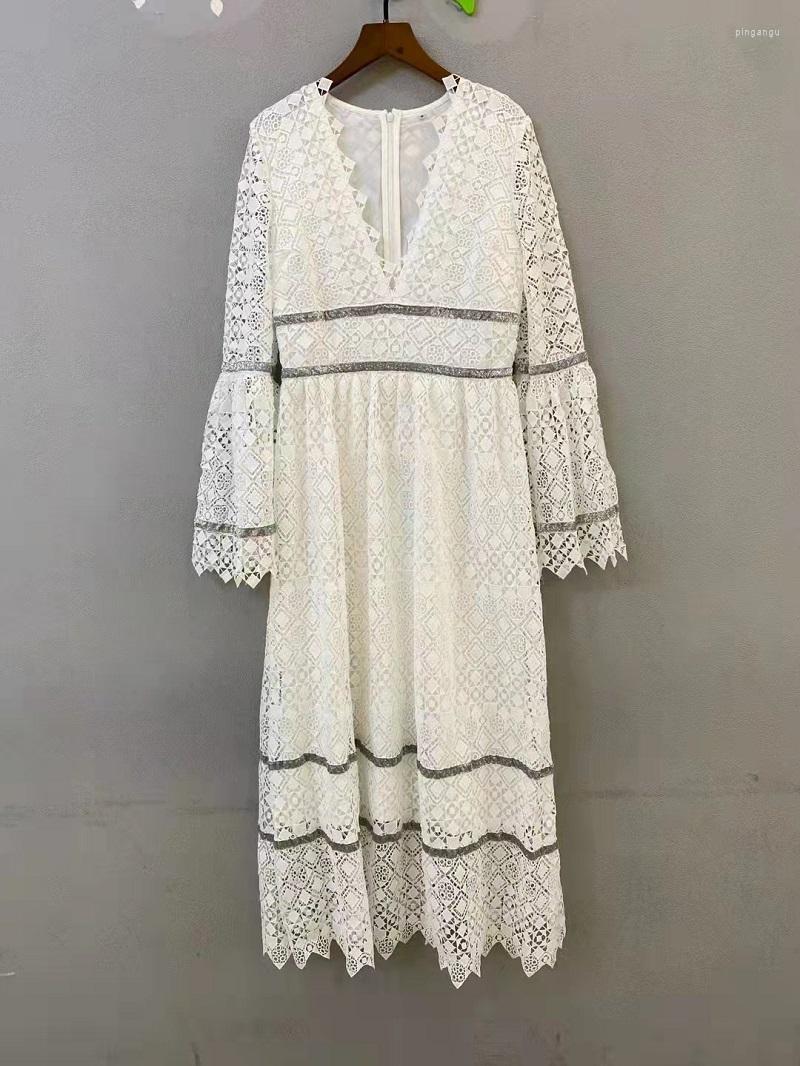 

Casual Dresses Top Quality Lace Long Dress 2023 Spring Summer Wedding Party Women Sexy V-Neck Flare Sleeve Allover Crochet Maxi, Picture shown