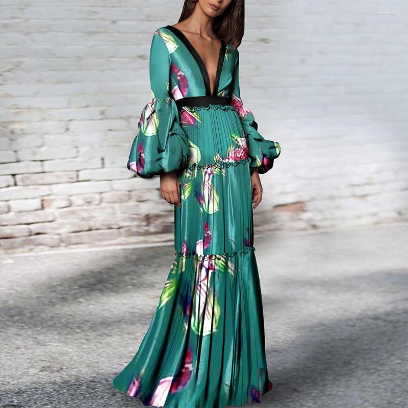 

Casual Dresses Fashion Women Elegant Maxi Dress Sexy Deep V-Neck Long Lantern Sleeve Ruffle Print Party Evening, Green