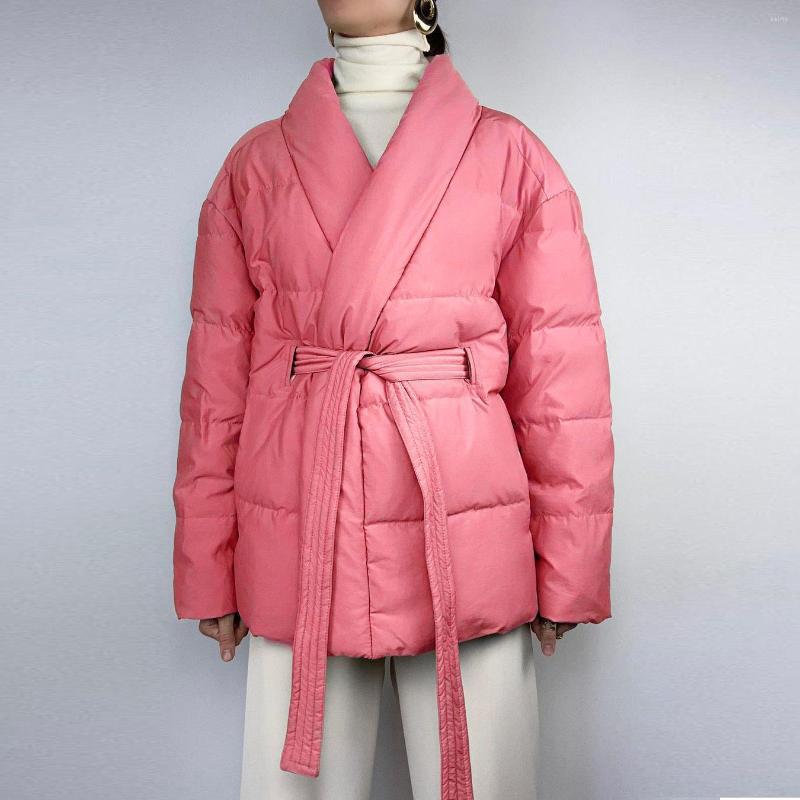 

Women' Trench Coats V-Neck Long Parkas Woman Winter 2023 Fashion Oversized Puffer Jacket With Belt Wram Autumn Coat, Pink