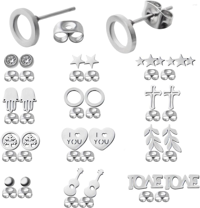 

Stud Earrings Stainless Steel 12 Pairs Silver Flat Round Star Leaf Cross Heart Earring Posts Studs With Butterfly Backs