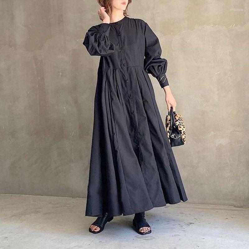 

Casual Dresses Japan Style O-neck Single Breasted Loose Robe Pleated Patchwork A-line Long Sleeve Dress Autumn 2023 Solid Vestidos, Black