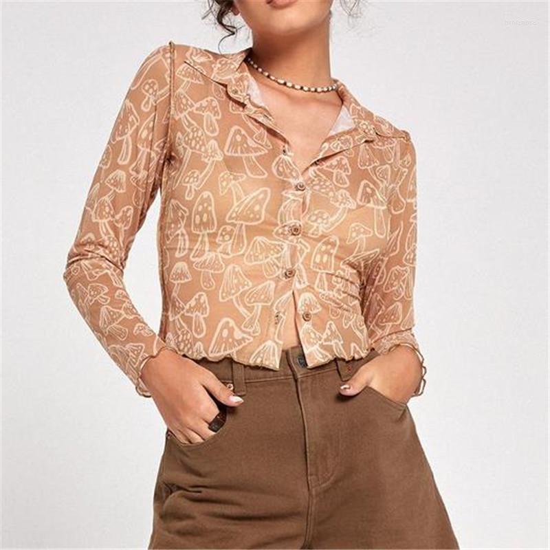 

Women' Blouses Women' Y2K Aesthetic Mesh Sheer Shirt Striped Print Long Sleeve Turn-down Collars Button Down Crop Top Blouse Spring
