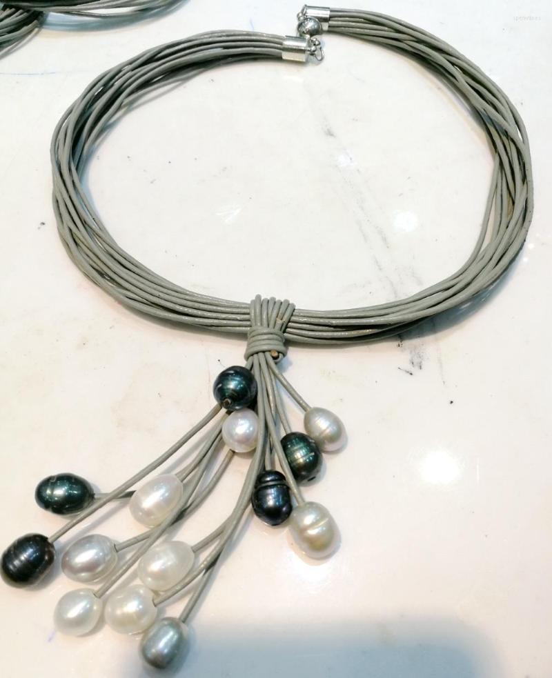 

Chains Women Jewelry Multilayer Necklace 9mm White Gray Black Pearl Pendant Oval Handmade Leather Rope Cultivate