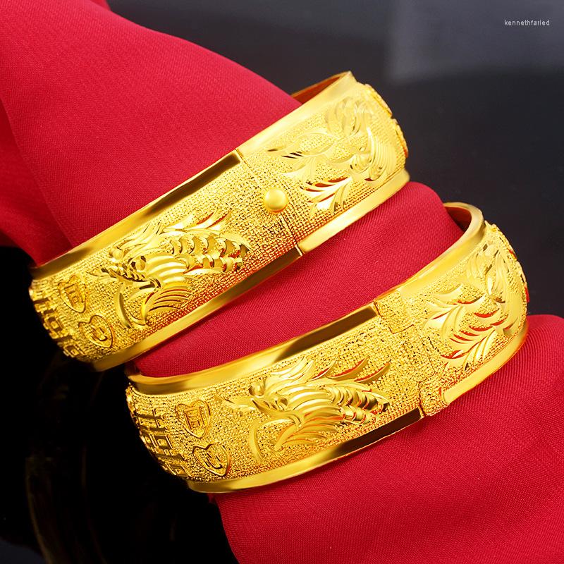 

Bangle 18K Gold Plated Ladies Bracelet Wide Retro Style Dragon And Phoenix For Girlfriend Birthday Wedding Jewelry Gift