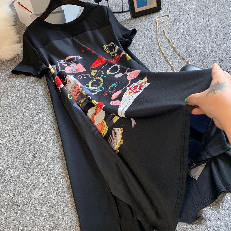 

Casual Dresses Summer Style Large Size Fashion Loose Slim Short-Sleeved Belly-Covering Dress Trendy, Black