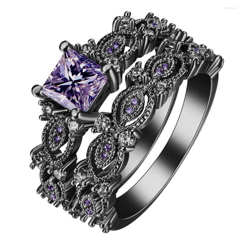 

Wedding Rings UFOROO Trendy Black Silver Plated CZ Ring Sets Blue Pink White Purple 2023 Fashion Jewelry Gift Princess Women Engagement