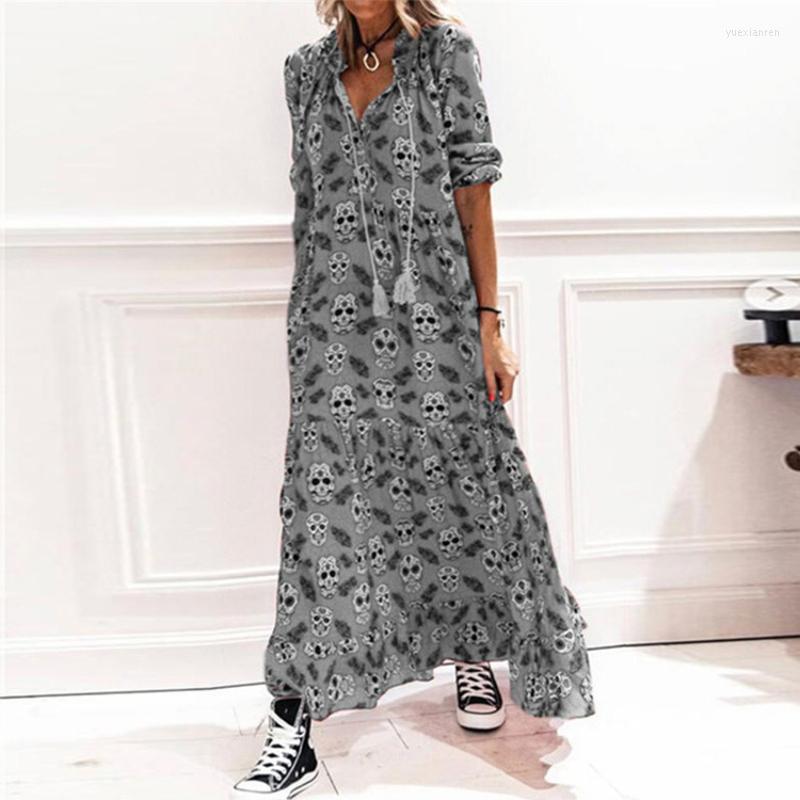 

Casual Dresses Fashion Women Loose Skull Print Maxi Dress Half Sleeve V Neck Vintage Ankle Length Streetwear, Gray