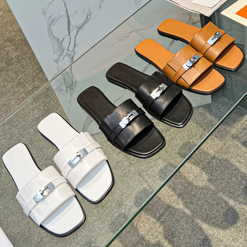 

Luxury Leather Slippers with Metal Buckle - Designer Women's Sandals for Home and Outdoors, Black