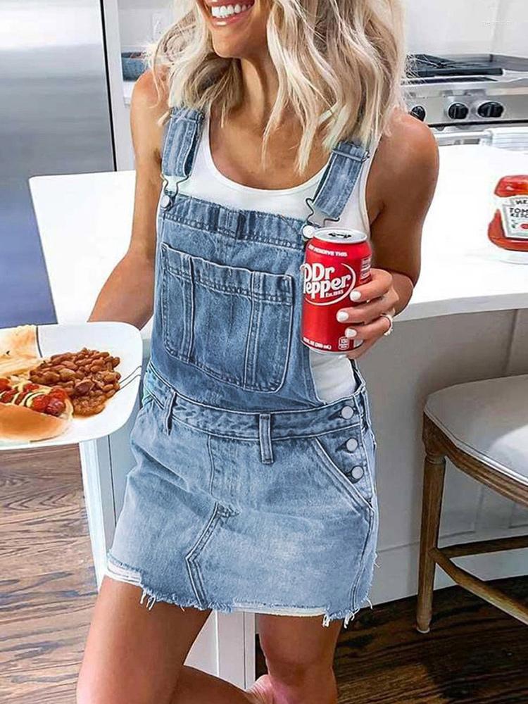 

Casual Dresses Women' Frayed Hem Adjustable Strap Denim Overall Dress Classic Mini Jean Pocket Sleeveless Suspender Short Skirt, Blue