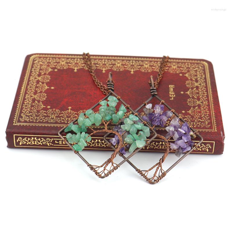 

Chains Wholesale Fashion Square Handmade Natural Stone Crystal Tree Of Life Pendant Necklace Colorful Curved N07