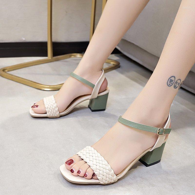 

Dress Shoes Women Sandals Female Square High Heels PU Leather Open Toe Lady Summer Solid Soft Comfort Buckle Strap, Beige