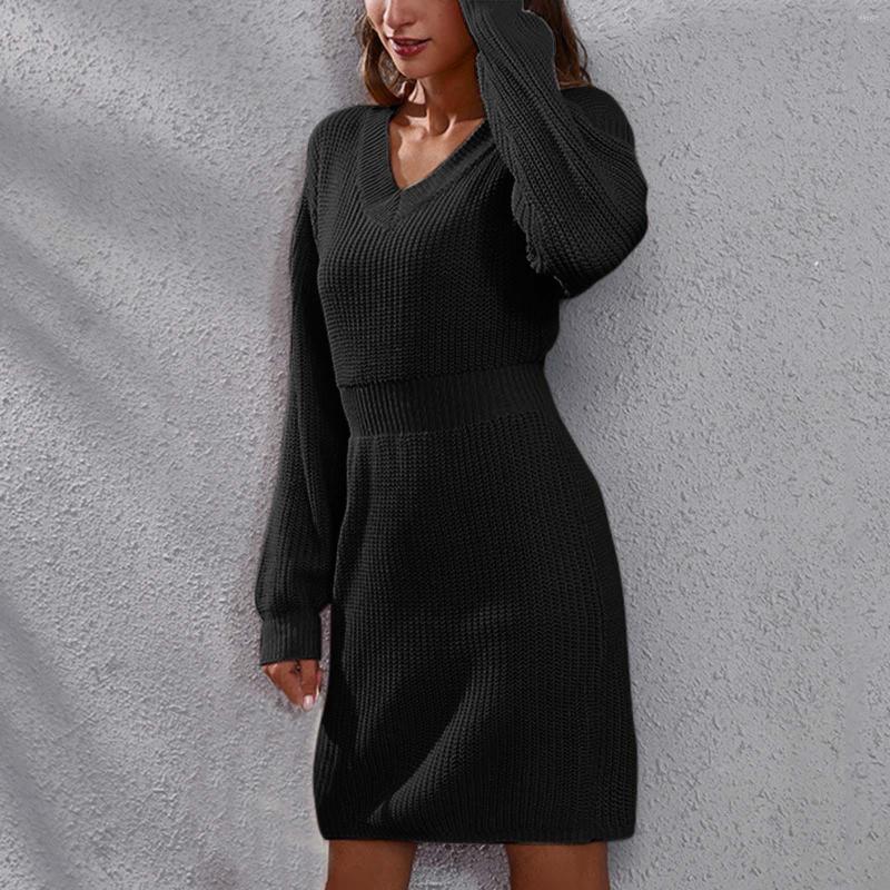 

Casual Dresses Autumn Knitted Sweater Dress Women V Neck Shoulder Long Sleeve Waistband Woolen Pullovers Elegant Vestidos, Black