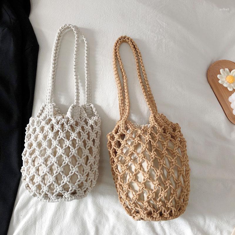 

Evening Bags With Inner Pocket Summer Seaside Beach Handbag Hollow Out Mesh Shoulder Bag Cotton Thread Crochet Fishnet, Black