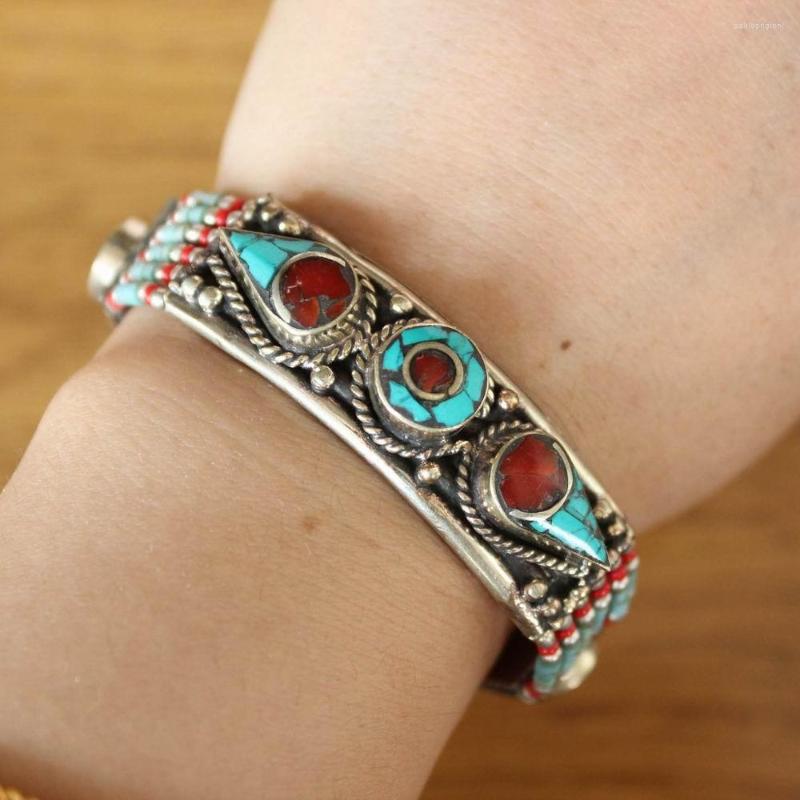 

Charm Bracelets BR484 Vintage Tibetan Copper Inlaid Colorful Stone 16mm Wide Beaded Bracelet For Women