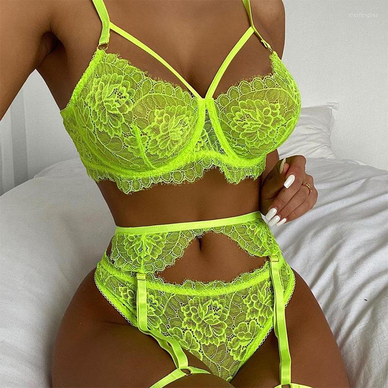 

Bras Sets 3-Piece Lace Bra Set Women Panty Underwear Ladies Neon Color Sexy Lingerie, Fluorescent green