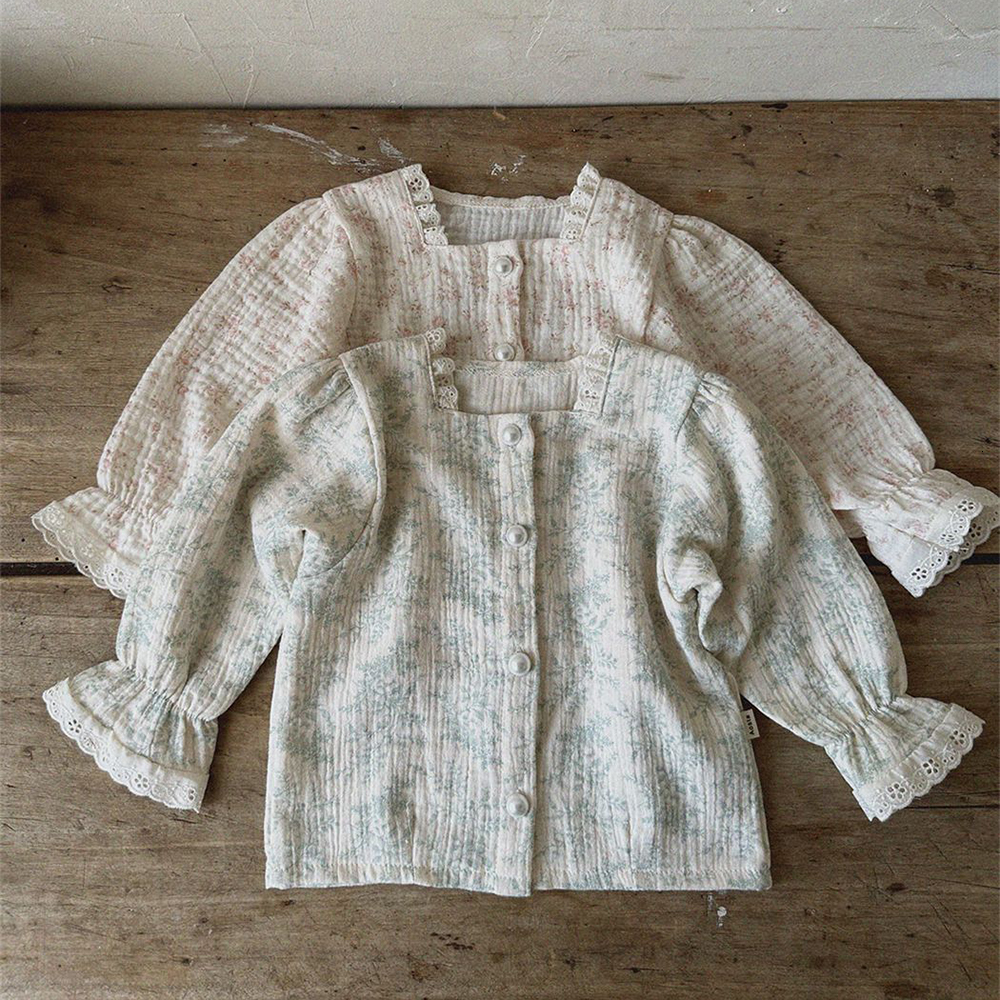 

Kids Shirts Lovely Pearl Button Baby Girls Floral Lace Cardigan 0-3Years Little Girls Tops Elegant Square Neck Children Blouses Shirts 230317, Blue