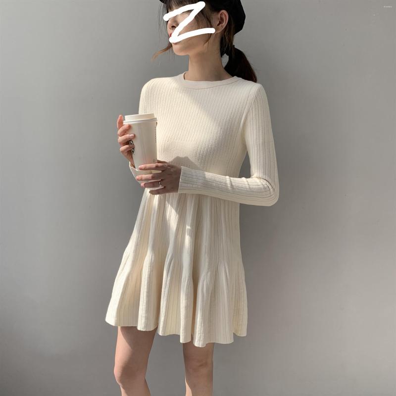 

Casual Dresses Long-sleeved Knitted Thick Short Dress Solid Color Round Neck One Piece Autumn Winter Robe Vestido, Black