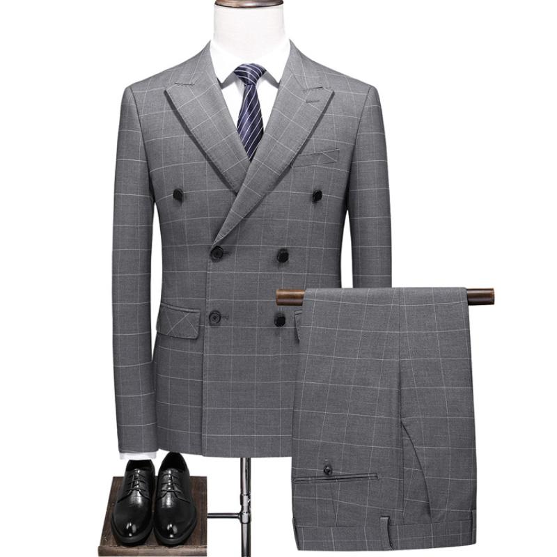 

Men's Suits & Blazers (Jacket Vest Pants)Fashion Groom Grey Plaid Men Suit Set Tuxedos Wear Double Breasted Wedding Party Groomsman Terno, Gray