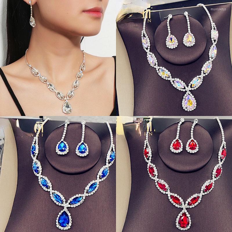 

Pendant Necklaces European And American -selling Bridal Necklace Set Fashion High-end Crystal Color Earrings Jewelry Two-piece