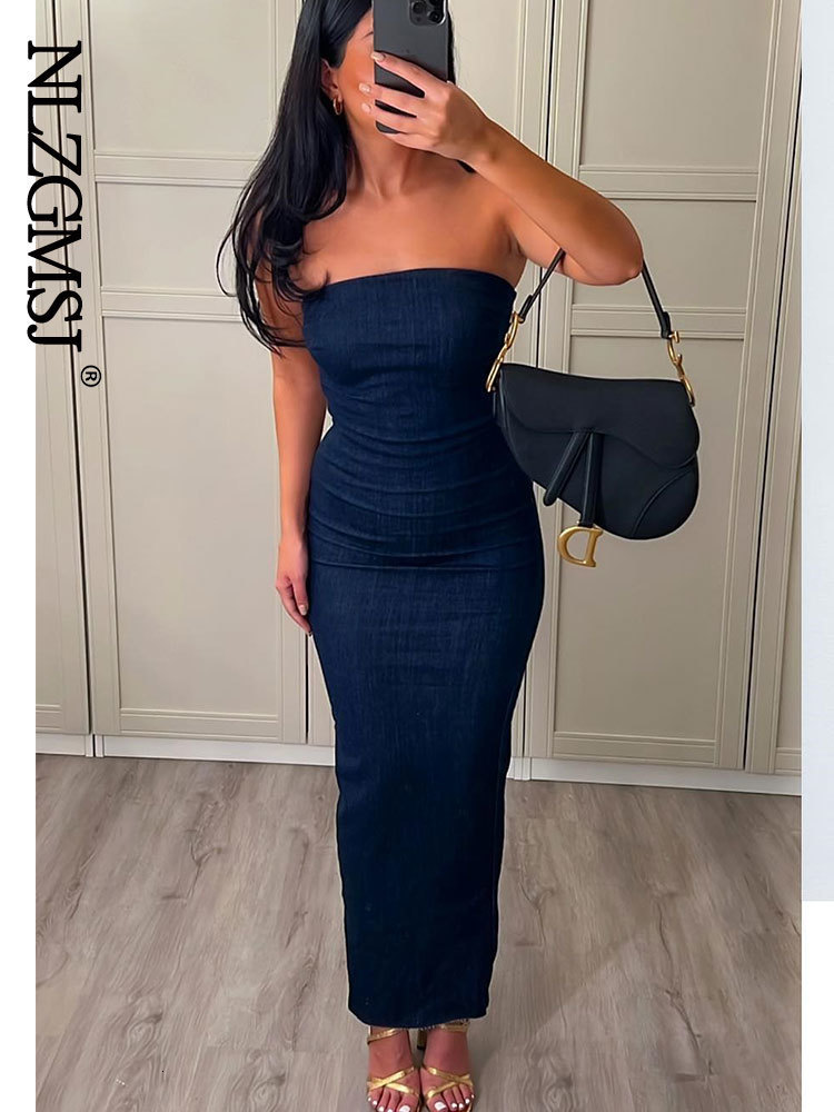 

Casual Dresses Nlzgmsj Sexy Strapless Backless Zipper Split Party Blue Denim Female Long for Women Clothes Summer Evening 230317