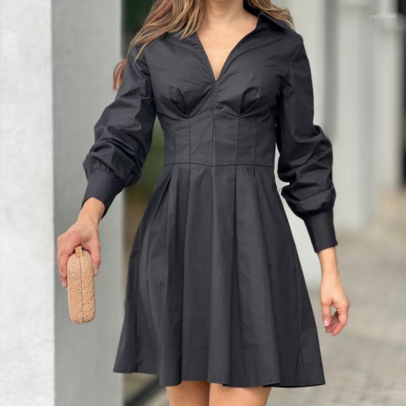 

Casual Dresses 2023 Spring Polka Soil Color Dress Women Long Sleeve V-Neck Shirt Collar Sexy Fashion Robe Femme Bodycon Black