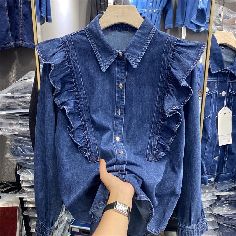 

Women' Blouses Court Style Denim Shirt Women' Spring And Autumn Bottoming Top Design Niche Long-sleeved Small, Blue