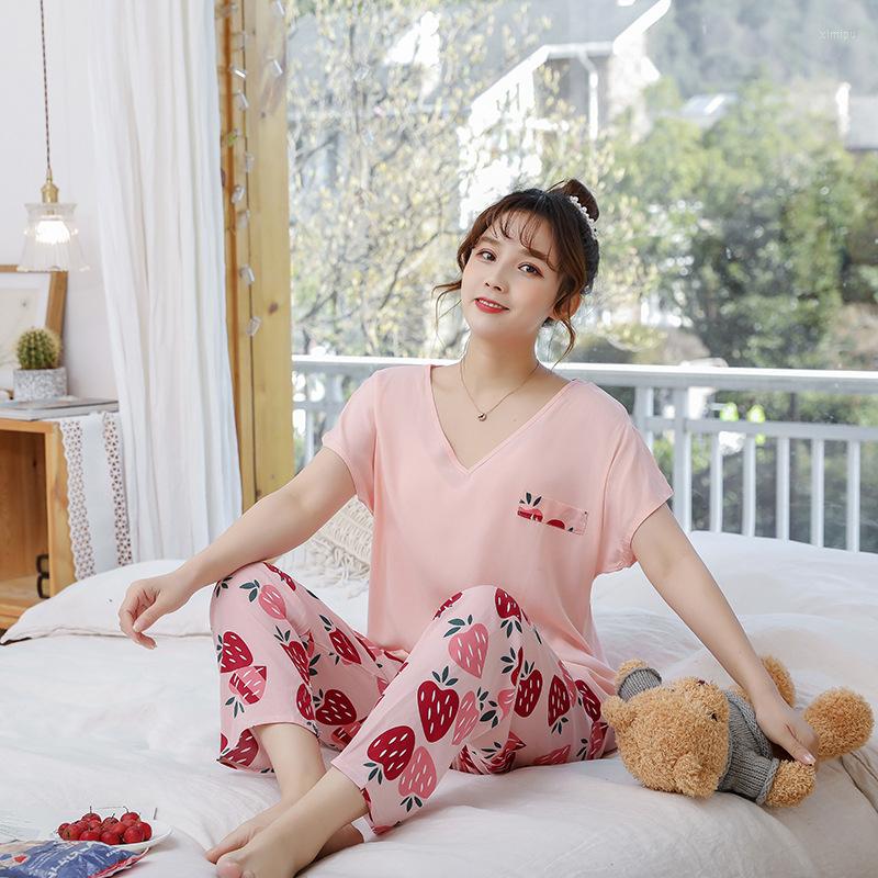 

Women's Sleepwear 2023 Summer Women Cotton Pajamas Suit Sweet Lace Trim Short Sleeve Nightwear V-Neck Top&Pant Lounge Homewear, Style-2