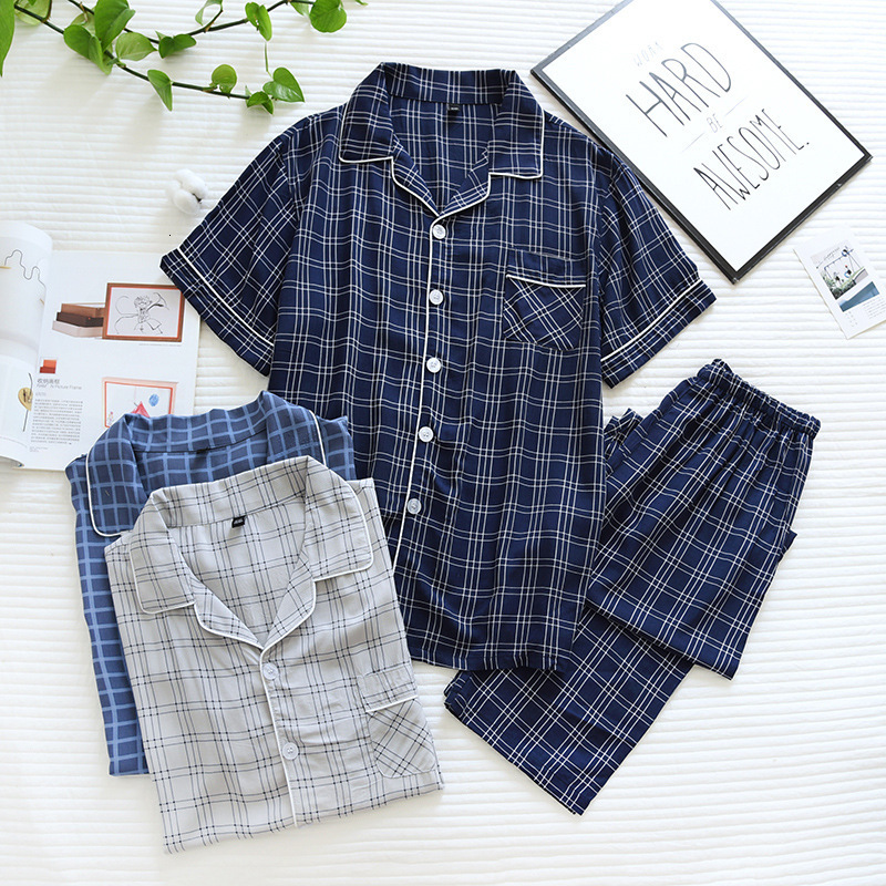 

Men's Sleepwear Men's Cotton Trouser Pajamas for Spring and Summer Thin Short Sleeve Comfortable Fashion Large Size Cardigan Cotton Pyjama Homme 230317, Navy