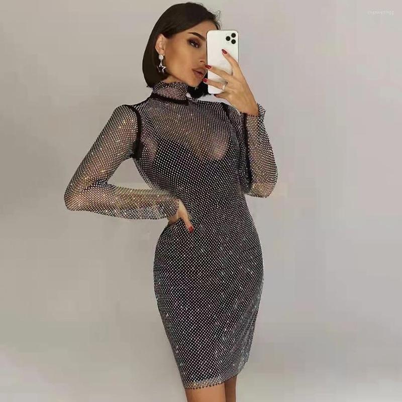 

Casual Dresses Women Summer Sexy Turtleneck Diamonds Crystal Sparkly Black Mini Bodycon Bandage Dress 2023 Elegant Evening Party Vestido