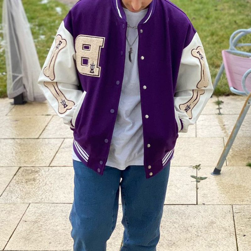 

Men's Jackets Men Varsity Bomber Jacket Harajuku Korea Bone Letter Patchwork Hip Hop Streetwear Single Bbreasted Baseball Coats Unisex College 230317, Purple