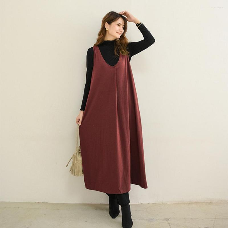 

Casual Dresses Midi Dress V-Neck Thick Versatile Retro Large Hem Solid Color Oversized Autumn Vest For Office, Army green