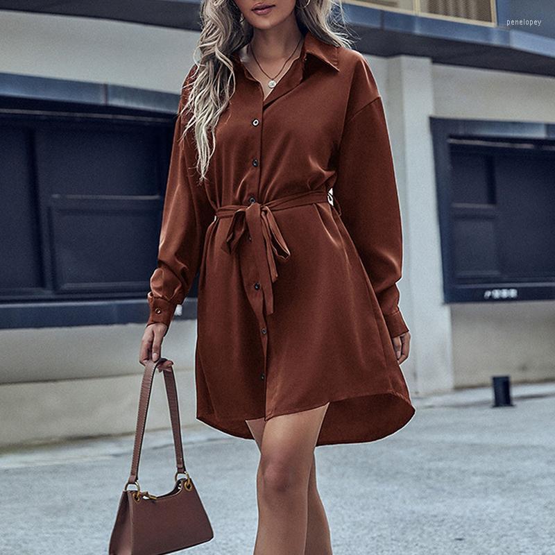 

Casual Dresses Vintage Solid Color Belt Office Lady Shirt Dress Autumn Long Sleeve Commuter Fashion Turn Down Collar Vestidos 23300, Black