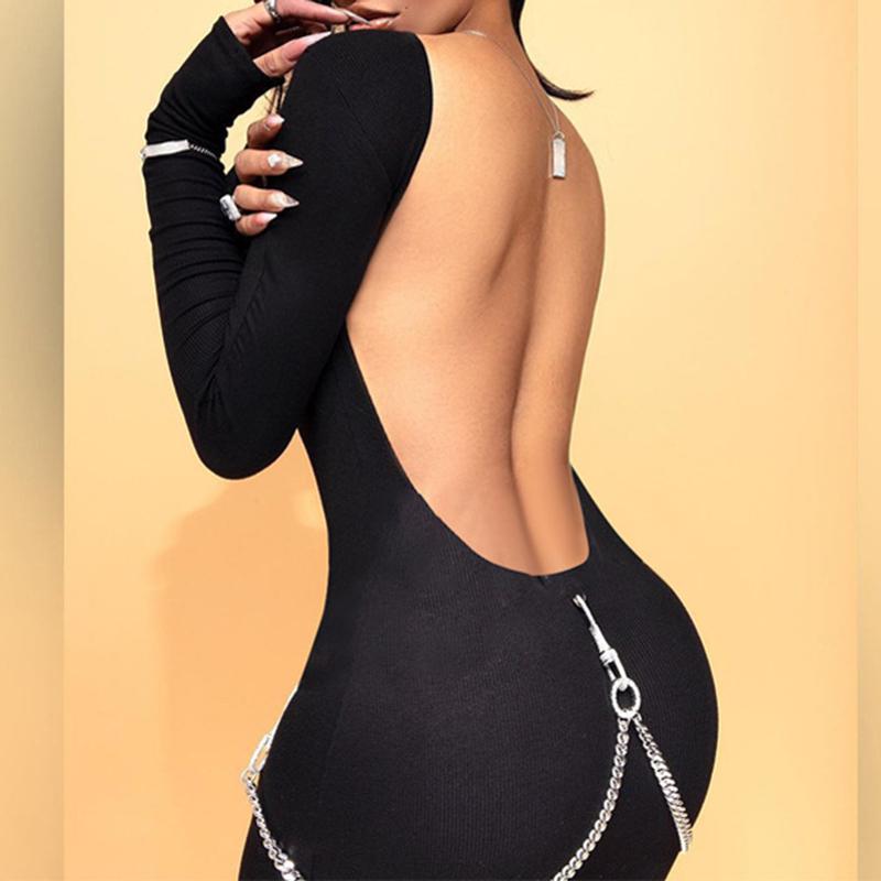 

Women' Jumpsuits & Rompers 2023 Style Women Elegant Knitted Ribbed Long Sleeve Sexy Backless Skinny Jumpsuit Fall Winter Streetwear Casual, Black