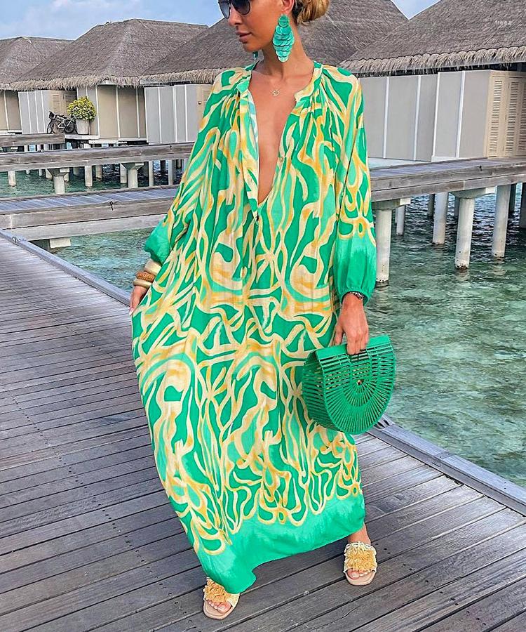 

Casual Dresses Women Boho Print Loose 2023 Vintage Sexy Deep V Neck Patchwork Dress Spring Summer Holiday Long Sleeve Oversized, Purple