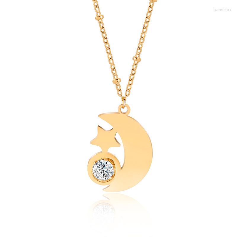 

Chains Women's Necklace Star And Moon Titanium Steel Couple's Micro Setting Gemstones Stainless Pendant Jewelry