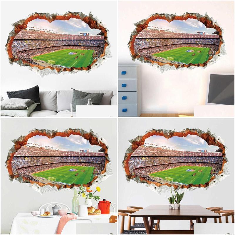 broken wall 3d soccer field wall stickers for kids baby rooms bedroom home decoration mural poster football sticker art decals y0805