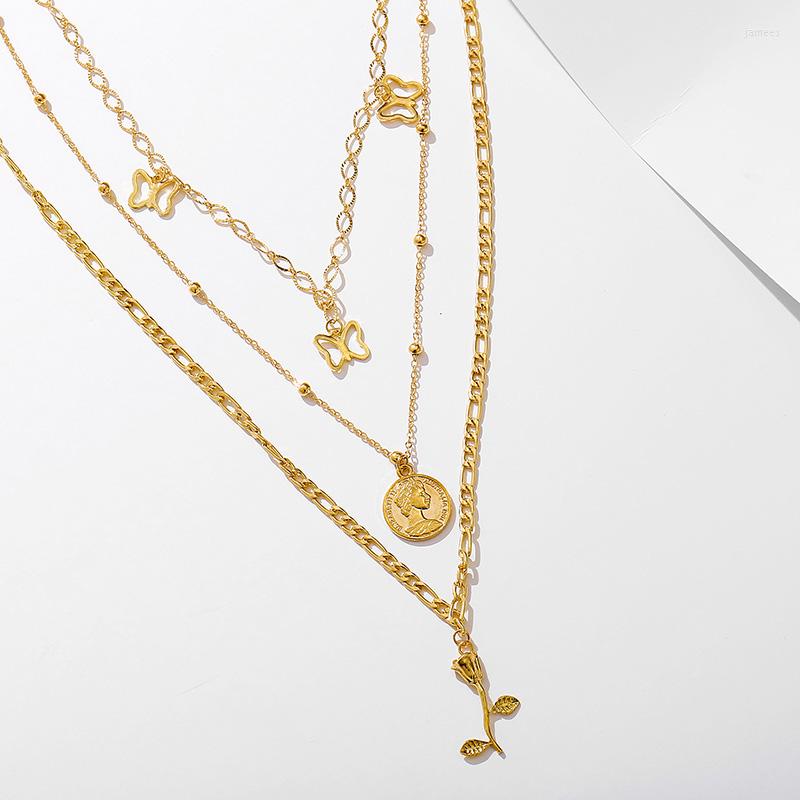 

Pendant Necklaces Charm Rose Flower Round Head Portrait Disc Multilayer Chain Butterfly Necklace Jewelry For Women Female