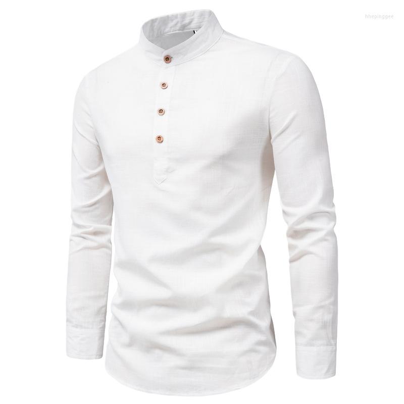 

Men's Casual Shirts Fashion Slim Solid Color Long Sleeve Shirt Business Stand Collar Cotton Linen Half Open Men's 2023 Spring Summer, White