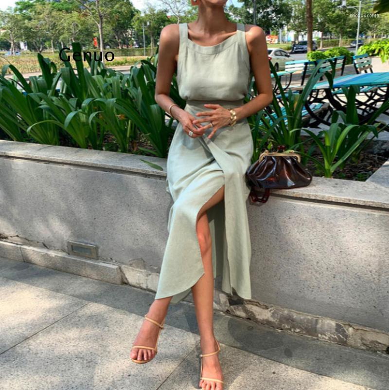 

Casual Dresses 2023 Arrival Fashion Elegant For Women O Neck Sleeveless Vestidos High Waist Summer Solid Midi, Black