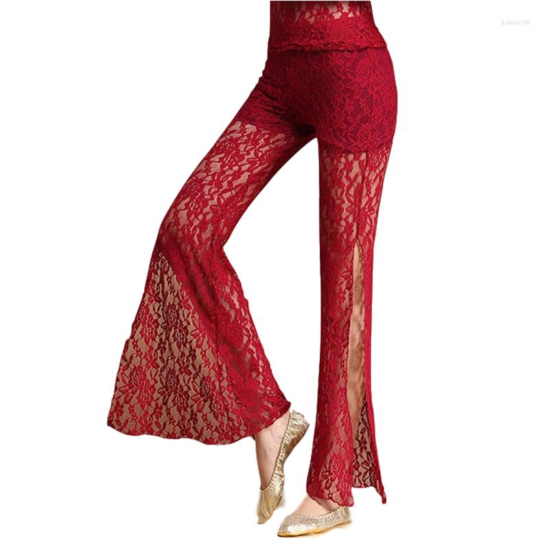 

Stage Wear 2023 Belly Dance Clothes Women Dancewear Lace Pants With Shorts Side Split Flare Trousers For Bellydance Sexy, Black