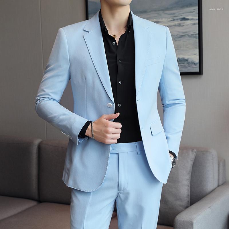 

Men's Suits Spring Autumn Vintage Solid Color Jacket British Fashion Men Suit Business Casual One Button Men's Tradition, Sky blue