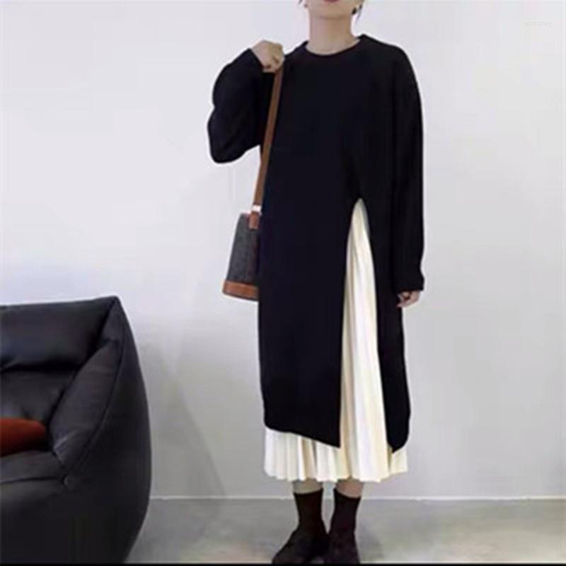 

Casual Dresses Women's Side Split Knitted Sweater Dress Autumn Winter Solid Design Woolen O-Neck Long Sleeve Loose Fashion Midi Robe, Black