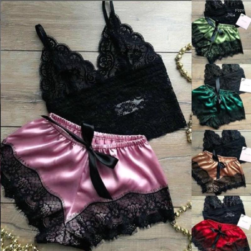 

Bras Sets 2PCS Sexy Women V-Neck Sleeveless Nightwear Underwear Silk Satin Lingerie Lady Pajamas Crop Tops Bra Shorts, 10