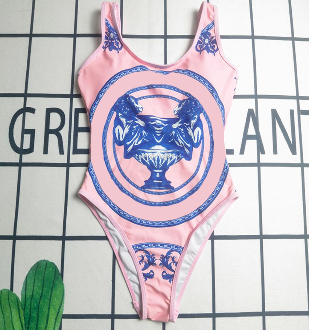 

Sleeveless High Waist Swimwear Women Pink Backless Bathing Suit INS Sexy Printed Lady Swimsuit1047839